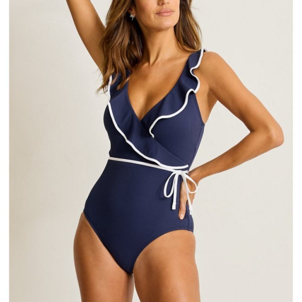 Tommy Bahama Women's Mare Navy Island Cays Cabana Wrap One Piece Swimsuit Size10